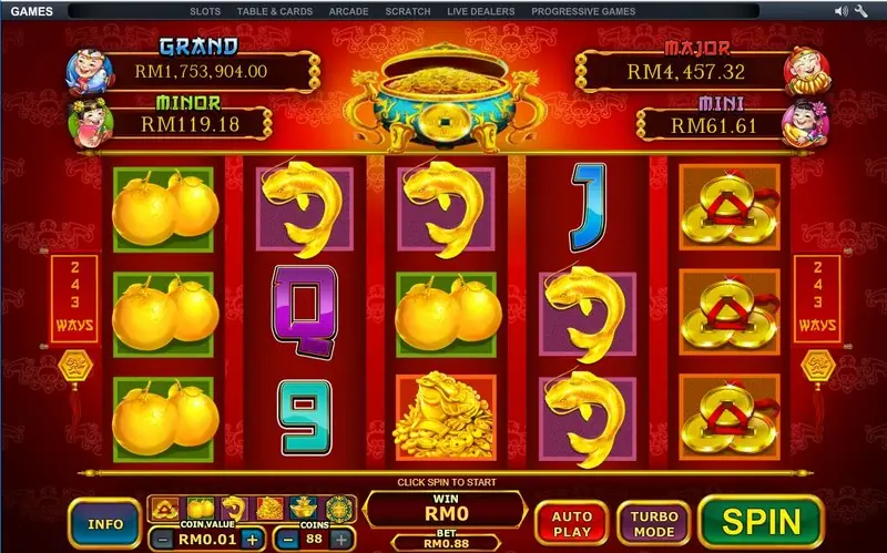 Ri Ri Sheng Cai reels full of oranges, gold ingots and golden fish, with GRAND, MAJOR, MINOR and MINI jackpot boxes above a jade treasure pot