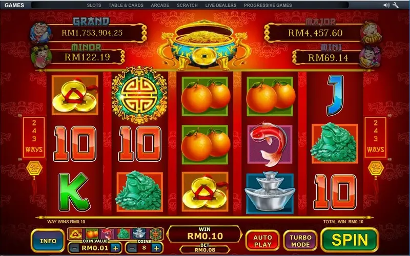 A Ri Ri Sheng Cai spin with a jade toad, red koi, oranges and the lucky knot coin, WIN RM0.10 on a RM0.88 bet