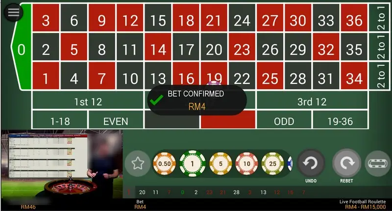 BET CONFIRMED RM4 message over the roulette grid, balance RM46 bottom left