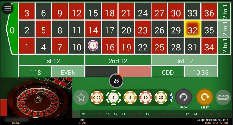 NTC33 live roulette betting grid with 32 highlighted as the result, a purple 4 chip on the board, a roulette wheel on the video feed, chips from 0.50 to 25, UNDO and REBET, Sapphire Room Roulette RM4 - RM15,000