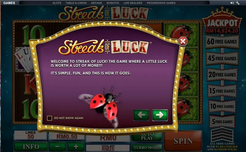 Streak of Luck welcome pop-up with a ladybird, over the reels and the free-games ladder