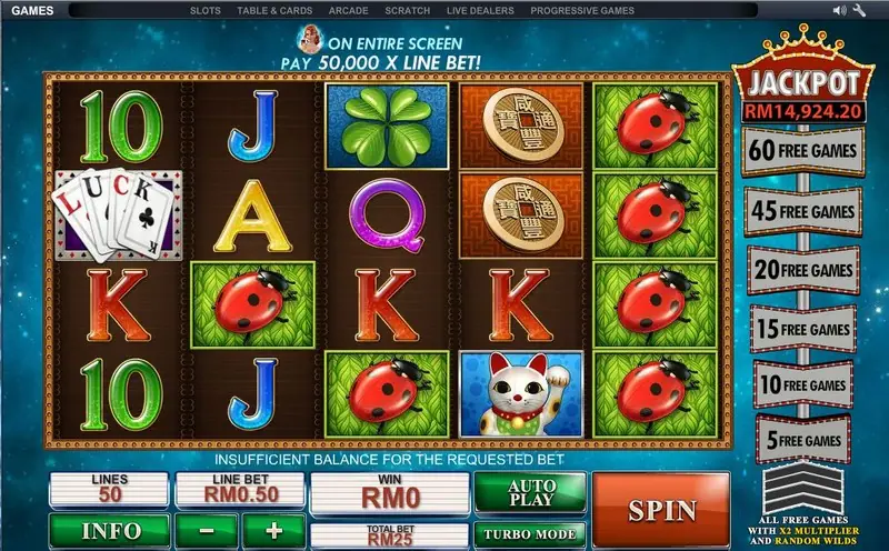 Streak of Luck reels with ladybirds, clovers, a lucky cat and gold coins, the banner 'on entire screen pay 50,000 x line bet' and a free-games ladder on the right