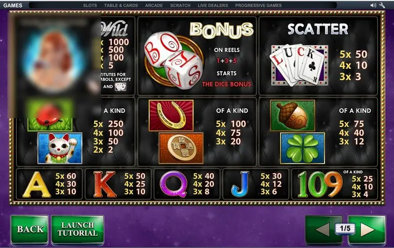 Streak of Luck paytable page 1 of 5 with the Wild, BONUS dice and Scatter cards payouts
