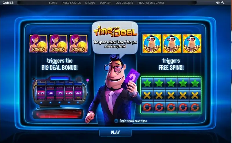 Time for a Deal intro screen: three BONUS symbols trigger the Big Deal bonus, three FREE SPINS symbols trigger free spins, with the host in the middle