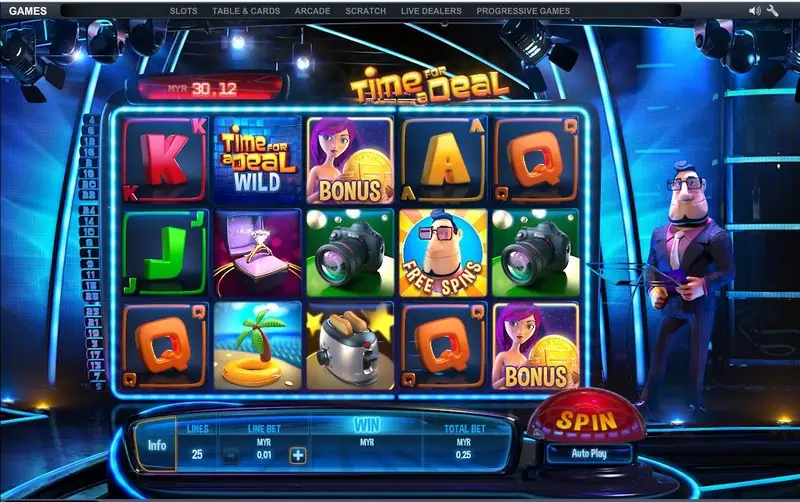 A Time for a Deal spin with the WILD logo, two BONUS symbols and a FREE SPINS symbol on the reels