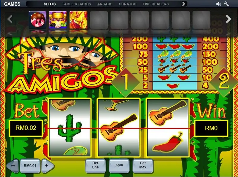 Tres Amigos with the SLOTS tab open above it, showing a row of game icons, and a cactus, guitar and guitar on the payline