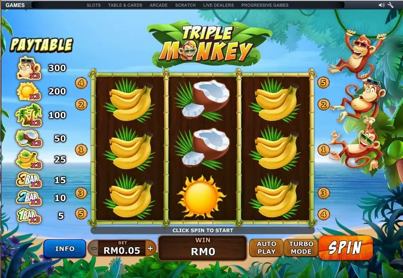 Triple Monkey with bananas on reels 1 and 3, coconuts on reel 2 and a sun on the bottom of reel 2