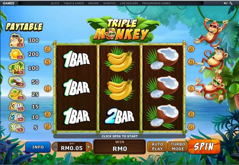 Triple Monkey with three 1BAR symbols on reel 1, bananas on reel 2 and coconuts on reel 3