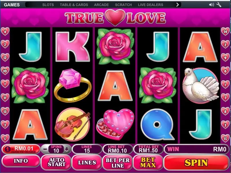 True Love reels with roses, a diamond ring, a heart-shaped chocolate box, a violin, a white dove and candy-coloured letters, with LINES 15 and TOTAL BET RM1.50
