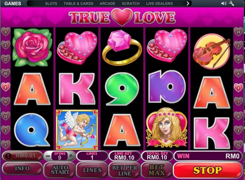 True Love mid-spin with a Cupid on reel 2, the princess symbol on reel 4 and a pink ring on reel 3