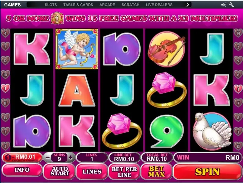 True Love reels with the banner 3 or more wins 15 free games with a x3 multiplier, a Cupid on reel 2 and a violin on reel 4