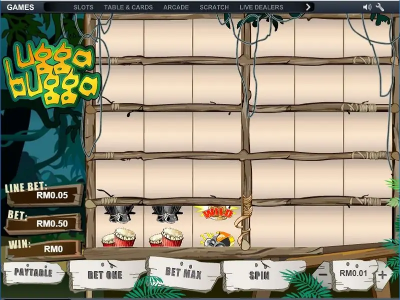 Ugga Bugga at the start with an empty wooden frame and only the bottom-left row showing bats, drums and a WILD sign