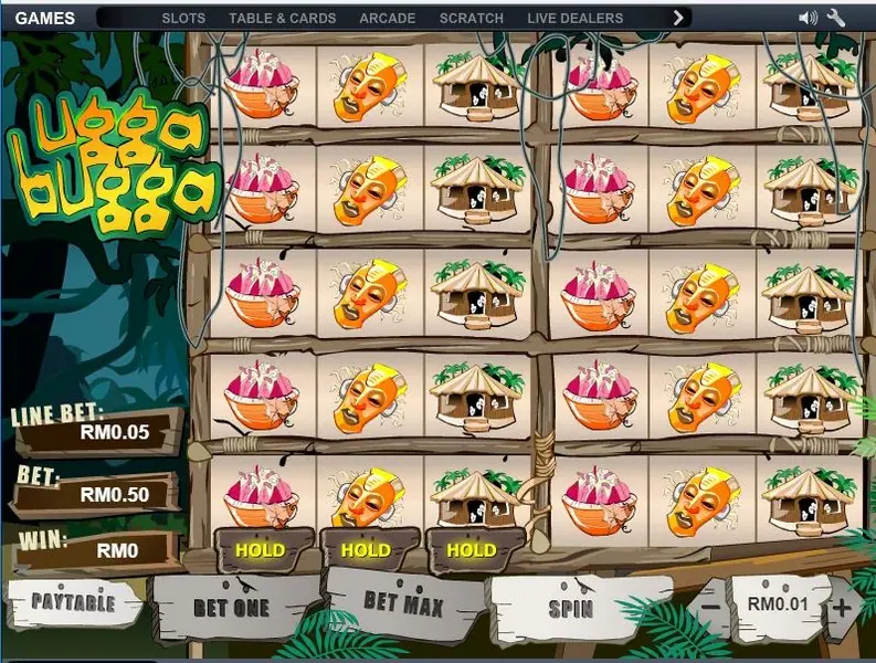 Ugga Bugga with every box of the wooden jungle frame filled with tiki masks, straw huts and fruit, and three yellow HOLD buttons on the bottom row
