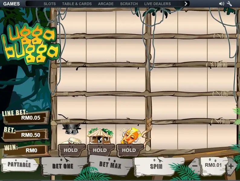 Ugga Bugga with three HOLD buttons under the bottom-left row, showing a hanging bat, a straw hut and an orange tiki mask