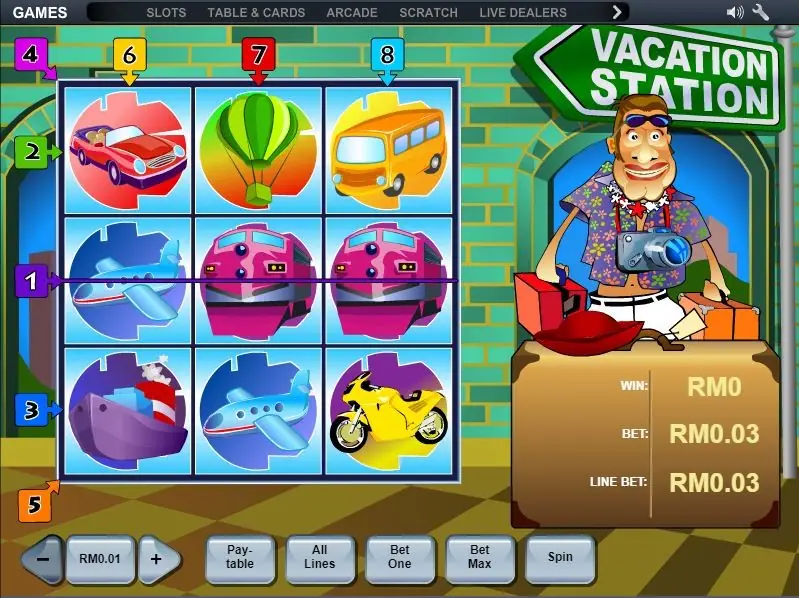Vacation Station 3x3 grid with a red car, hot-air balloon, bus, plane, pink trains, ship and motorbike, and a tourist in a Hawaiian shirt beside a suitcase showing the bet