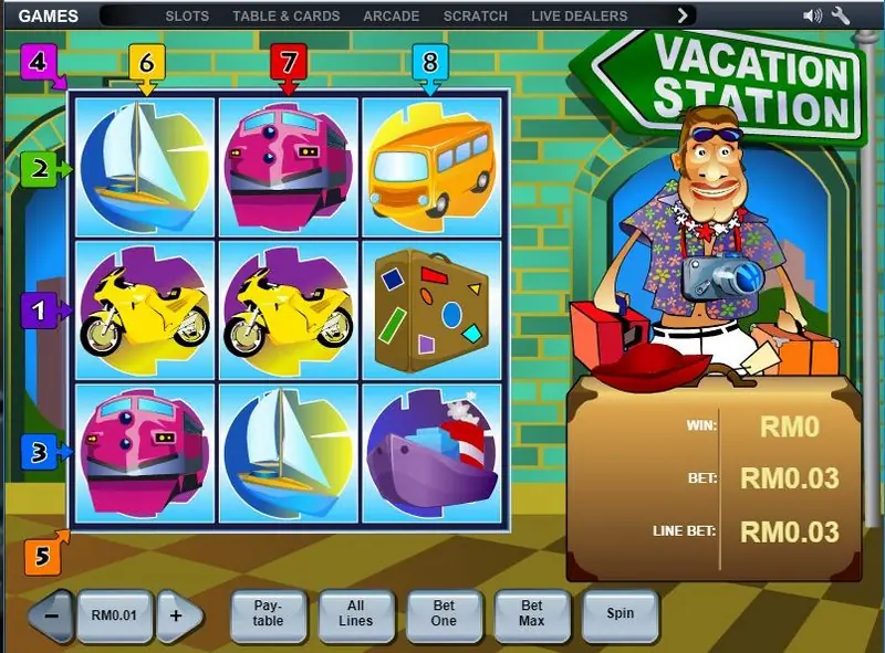 Vacation Station grid with two yellow motorbikes, a sailboat, a pink train and the sticker-covered suitcase