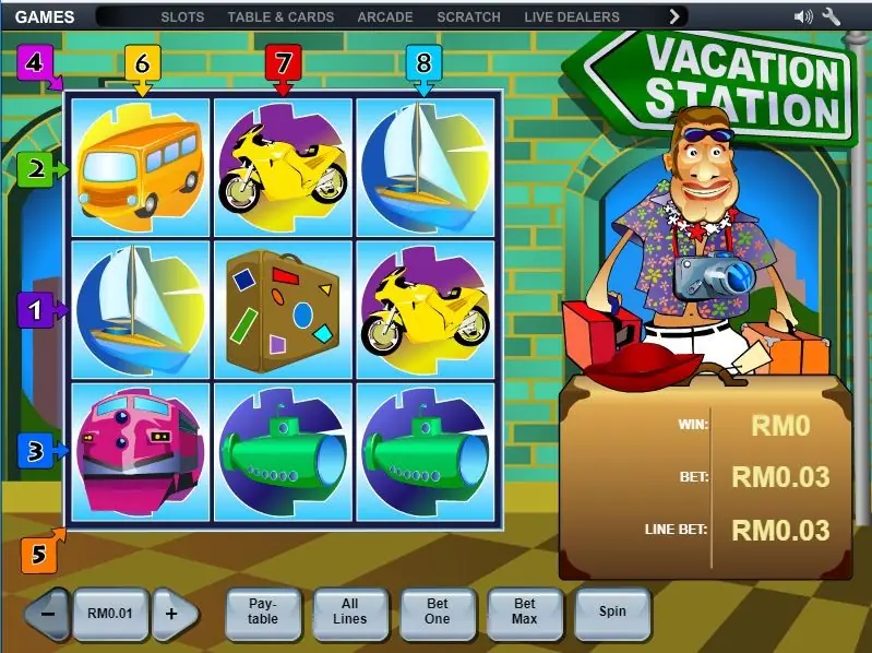 A later Vacation Station spin with a bus, motorbike, sailboat, suitcase and two green train carriages