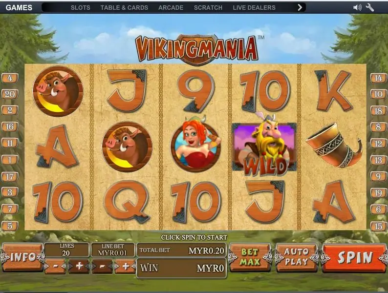Viking Mania reels with wooden letters, round boar and red-haired Viking woman symbols, drinking horns and a purple Viking Wild tile on reel 4