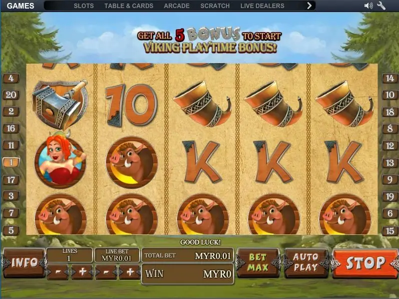 Viking Mania with the five-bonus banner, a steel hammer symbol on reel 1 and a row of boar symbols across the bottom