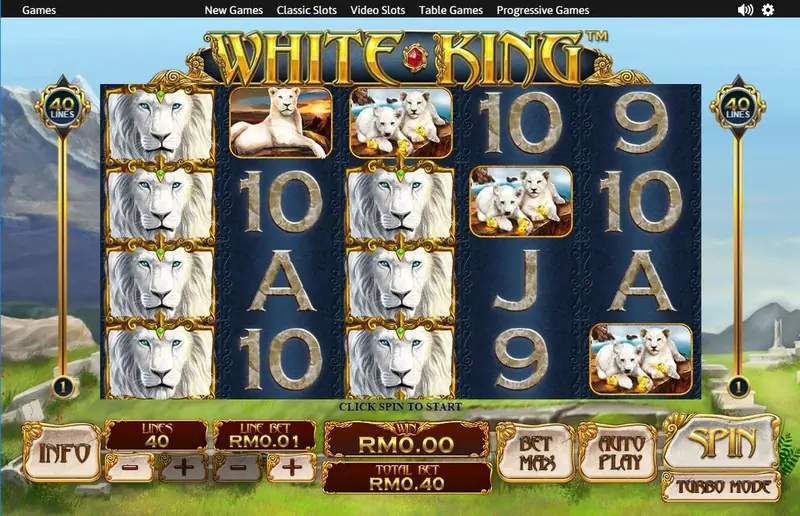 White King reels with white lions stacked four high on reels 1 and 3, 40 lines on the side pillars and a total bet of RM0.40