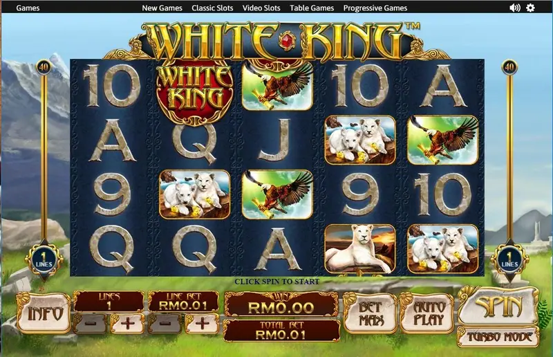 White King reels with the White King logo on reel 2, eagles on reels 3 and 5 and white cubs scattered across the grid
