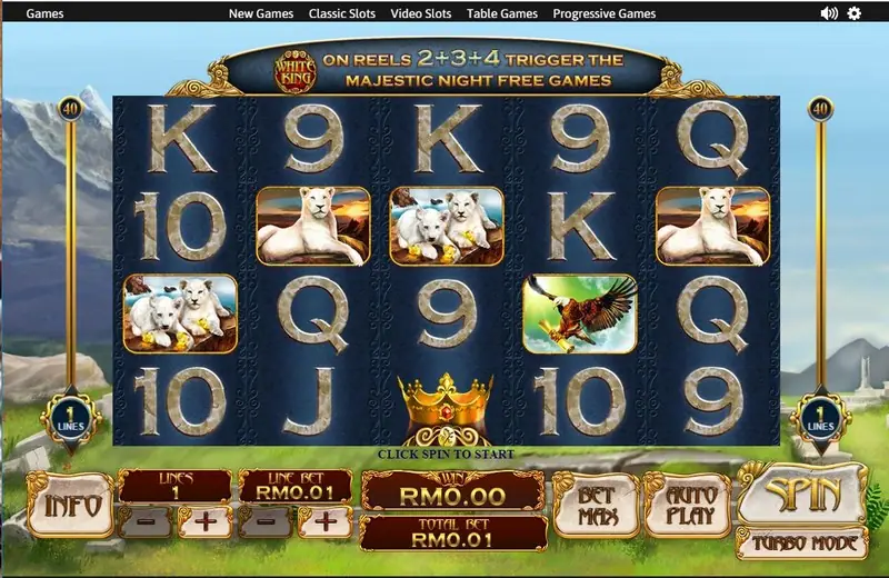 A gold crown symbol under reel 3 with the banner reading on reels 2+3+4 trigger the Majestic Night free games