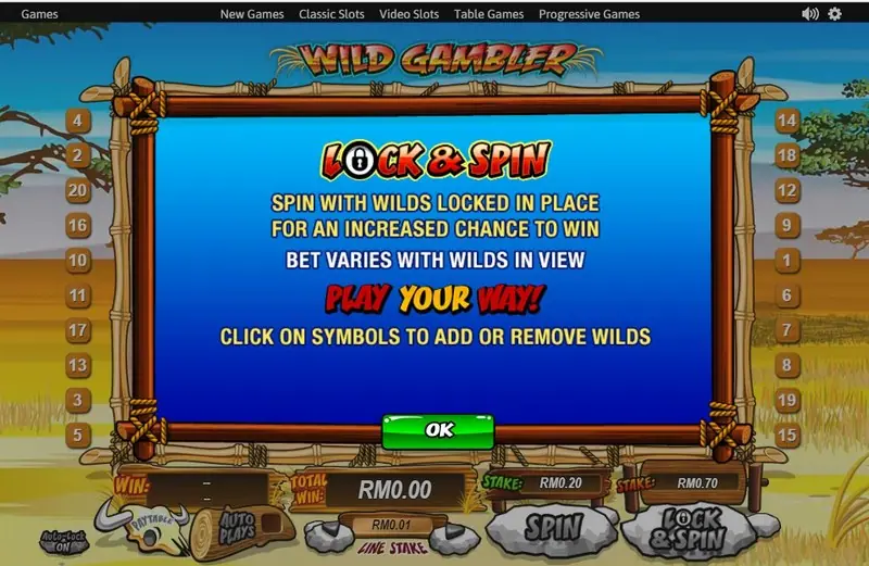 The Lock & Spin explainer pop-up over the Wild Gambler reels, with the OK button at the bottom