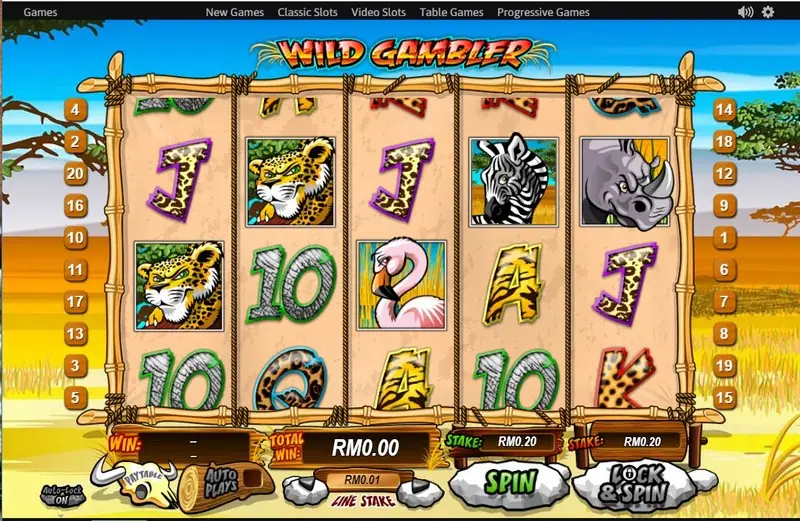 Wild Gambler reels showing a rhino, a spotted cheetah, a zebra and a flamingo among leopard-print letters