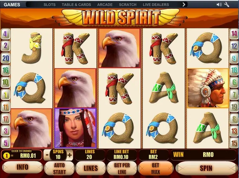 Wild Spirit reels with carved wooden letters, bald eagles, a chief in a feathered headdress and a young woman in a headband; LINES 20, BET RM2