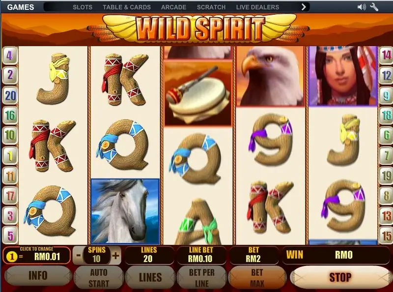 Wild Spirit reels with a white horse on reel 2, a drum and eagle on reel 3 and the young woman on reel 5