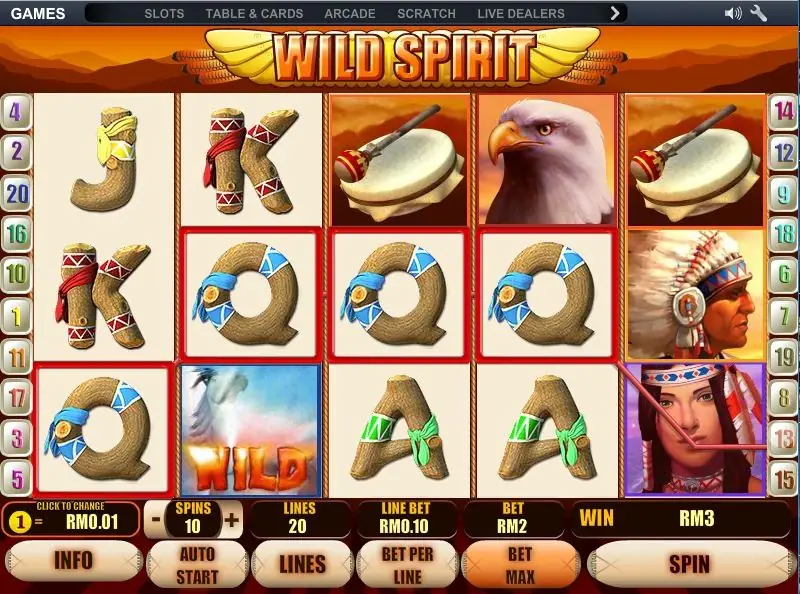 A four-symbol Q win outlined in red across reels 1 to 4, with a misty WILD tile on reel 2 and WIN showing RM3