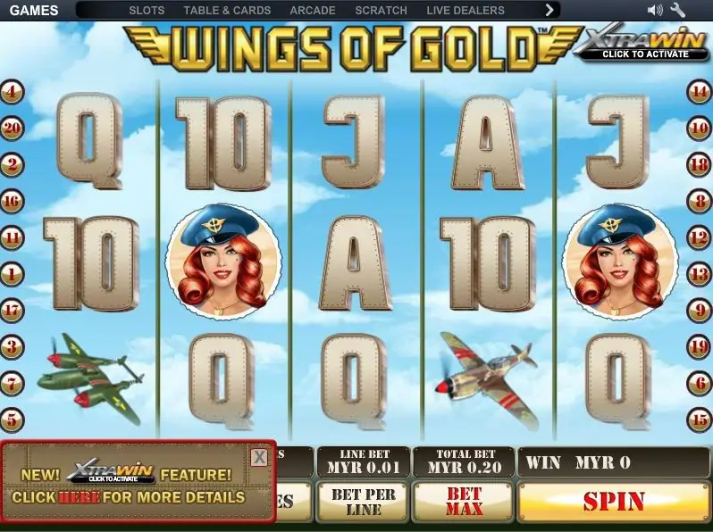 Wings of Gold start screen with the XtraWin notice in the corner, 20 lines at MYR 0.01 each and a total bet of MYR 0.20