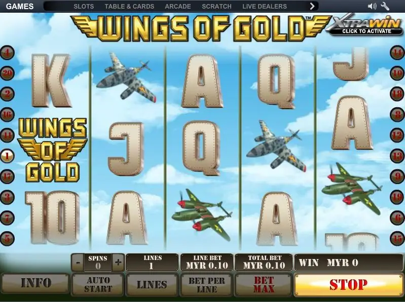 The gold Wings of Gold logo symbol sitting on reel 1 among metal letters and fighter planes