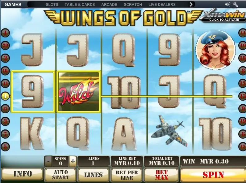 A line win joining a 9 on reel 1 and a red Wild tile on reel 2, WIN showing MYR 0.30