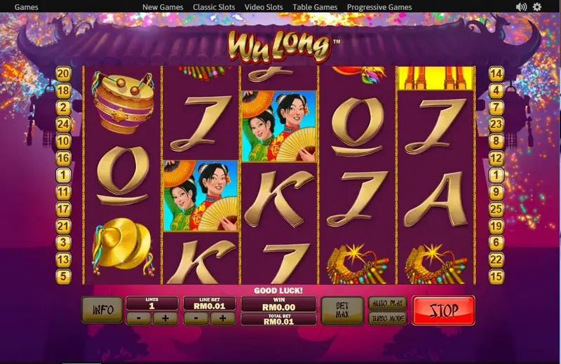 Wu Long mid-spin with LINES set to 1, the fan-holding women on reel 2 and firecrackers on reels 4 and 5
