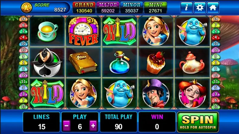 Alice slot on Play8oy with Alice, a blue caterpillar, the Mad Hatter, the Red Queen, a card soldier, a FEVER pocket watch, two WILD tiles, a teacup, a teapot, a potion, a book and a cupcake on a 5x3 grid, lines 15, play 6, total play 90