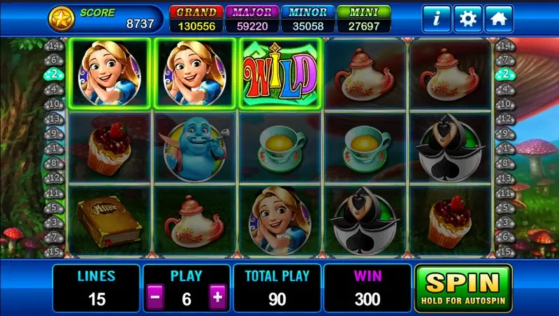 Alice after a win of 300, with two Alice symbols and a WILD lit in green along the top row of reels one to three on line 2