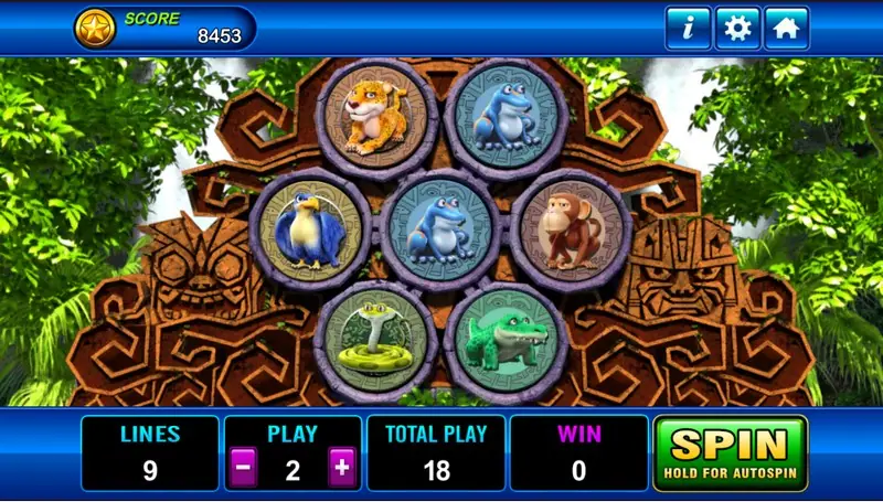 Amazon Jungle on Play8oy, seven round stone badges in a honeycomb showing a jaguar, two blue frogs, a parrot, a monkey, a cobra and a crocodile between carved jungle totems, lines 9, play 2, total play 18