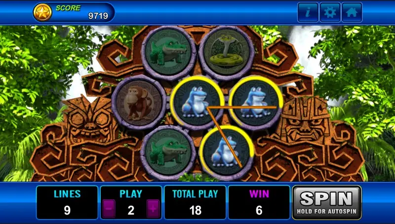 Amazon Jungle with three blue frog badges lit and linked by a line in the middle and lower right, the rest dimmed, WIN 6