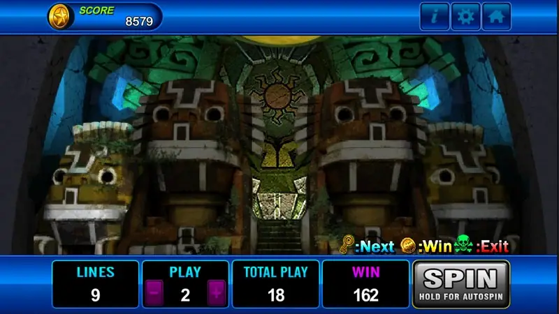 Amazon Jungle temple room with carved stone heads, a sun symbol above a stairway and a legend reading key Next, coin Win, skull Exit, WIN 162