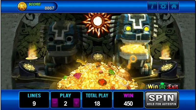 Inner temple room with two stone guardians, a burning sun above them and a pile of gold coins and jewels in front, WIN 450