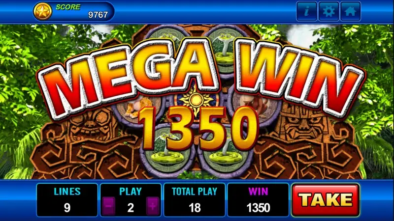 Back on the badges with a MEGA WIN 1350 banner over three cobras and a sun badge, and a red TAKE button in place of SPIN