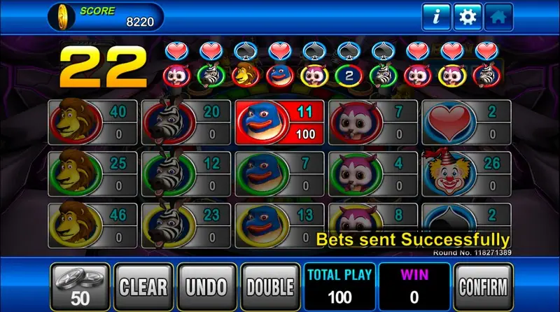 Animal Band betting board with lions, zebras, penguins and owls in red, green and yellow rows, each with its odds, a heart, a clown and a spade bet, the countdown at 22, and 100 placed on the red penguin