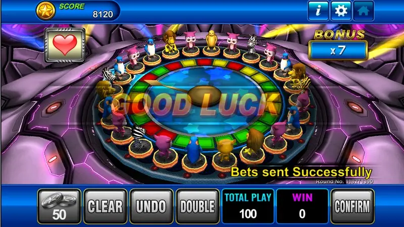 Animal Band wheel spinning with GOOD LUCK across the middle, BONUS x7 at the top right and TOTAL PLAY 100 in the bet bar