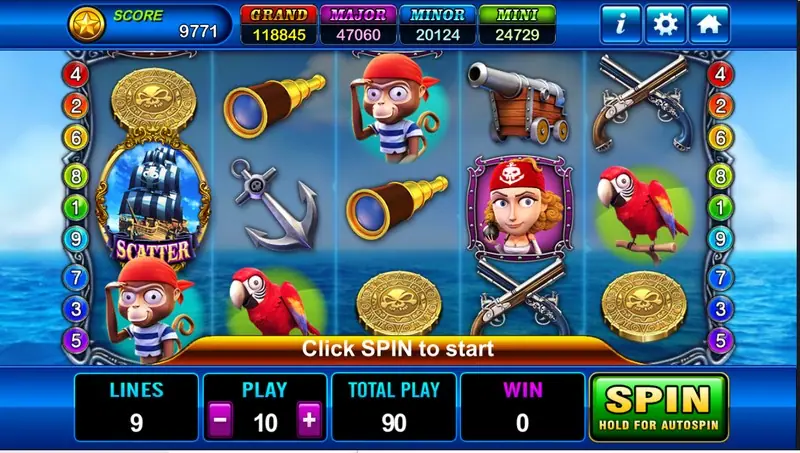 Captain Roger slot on Play8oy with a tall ghost ship SCATTER on reel one, a monkey in a bandana, a parrot, a spyglass, an anchor, a cannon, crossed pistols, gold skull coins and a woman pirate on a 5x3 grid, lines 9, play 10, total play 90