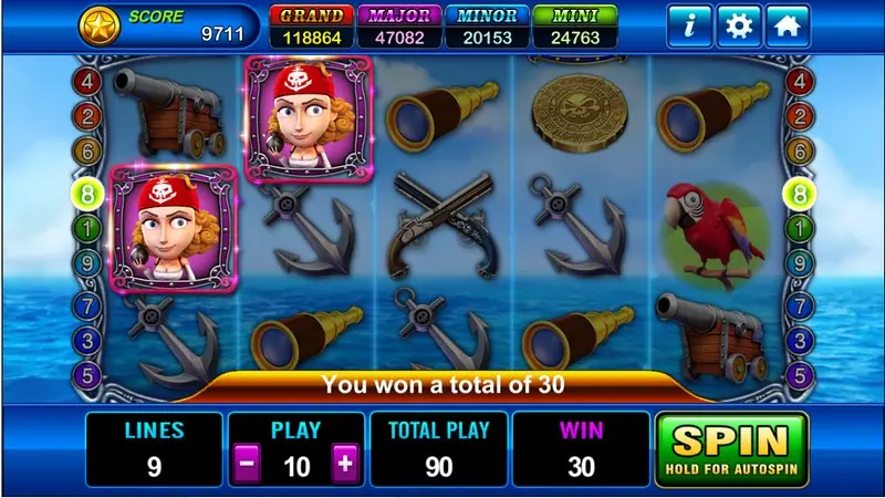Captain Roger after a win of 30, with two woman pirate portraits framed in pink on reels one and two along line 8