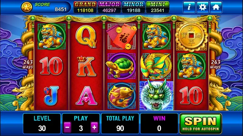 Dragons Legend slot on Play8oy with golden foo dogs, a turtle, a koi, a phoenix, red envelopes, a gold coin and a green dragon head on red reels, 243 WAYS on both sides, level 30, play 3, total play 90