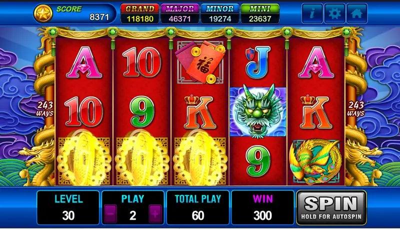 Dragons Legend with three large gold coins glowing on the bottom row of reels one to three, a green dragon head on reel four and WIN 300