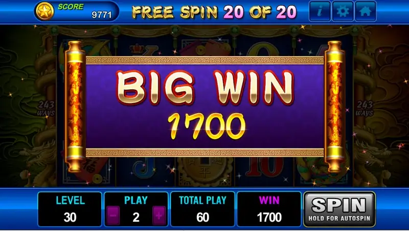 Dragons Legend BIG WIN banner showing 1700 during FREE SPIN 20 OF 20, with the bet still at level 30, play 2