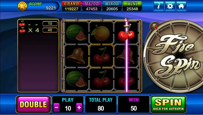 Fire Spin after a win of 50, with a cherry column lit on the right and the side panel showing a single cherry for 10 and four cherries for 40